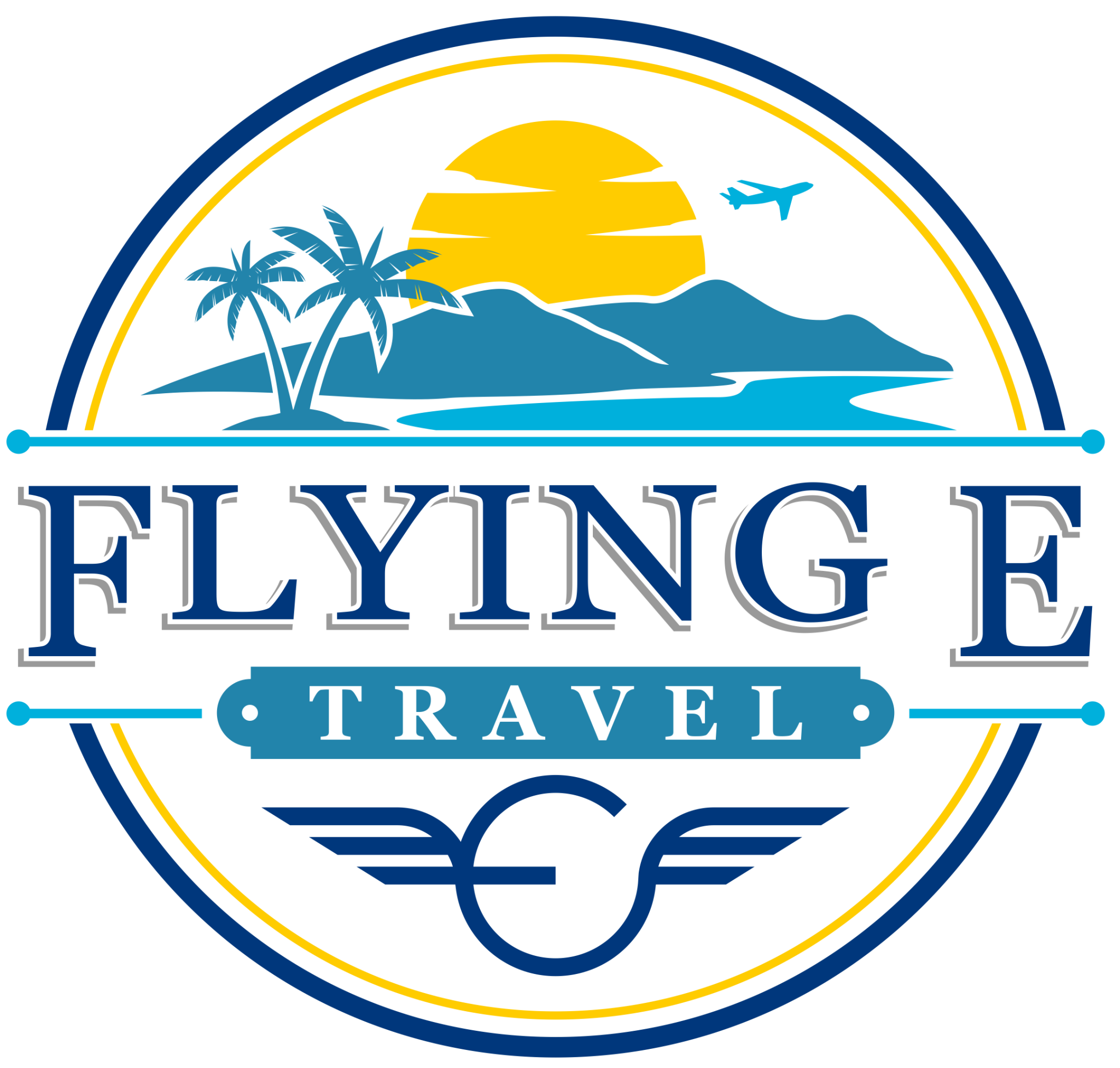 Sunset over mountains with palm trees for Flying E Travel logo.